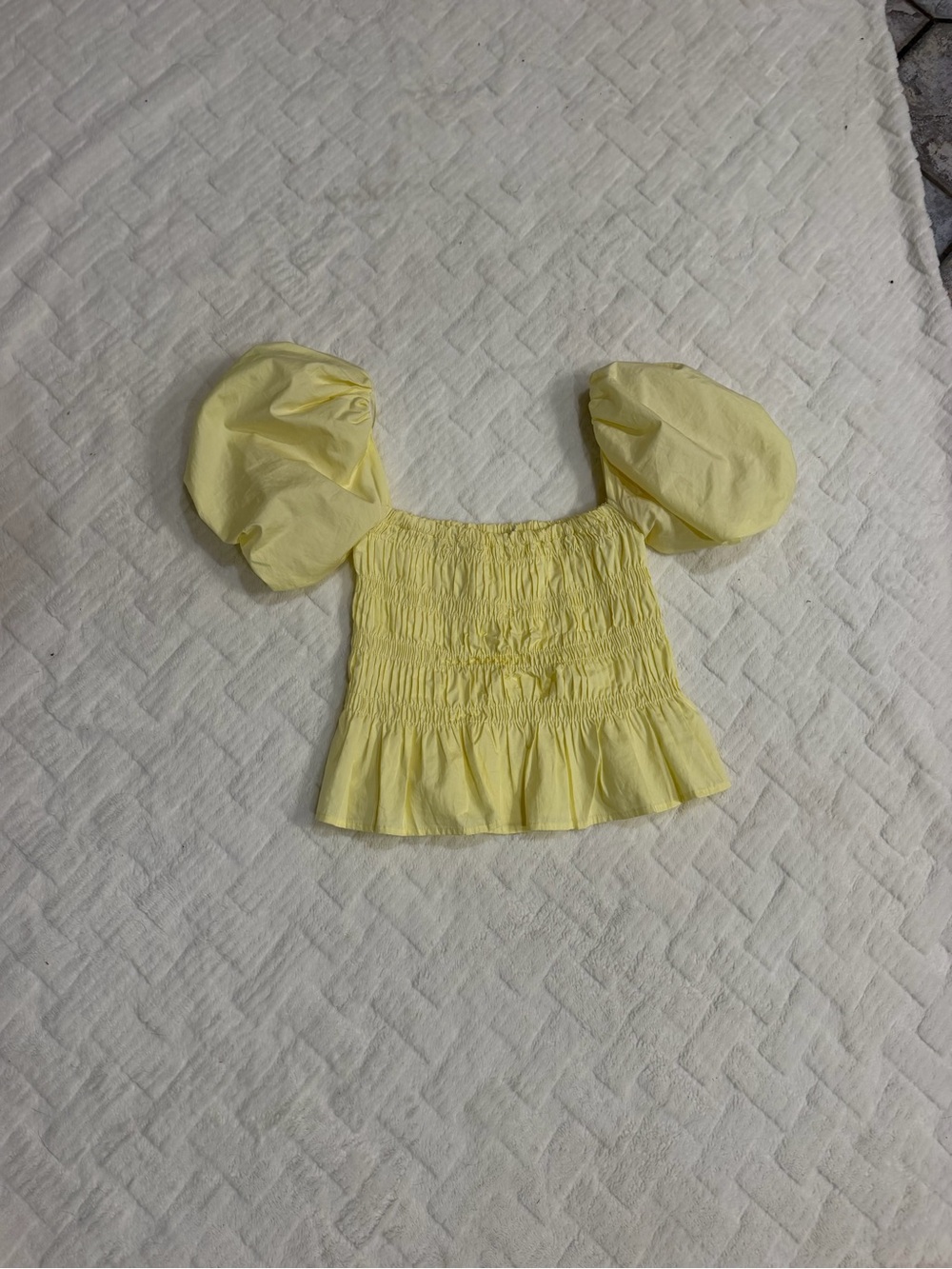 Astr Pale Yellow Puff Sleeve Smocked Peplum Top